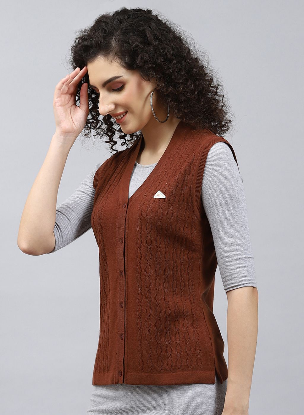 Women Brown Self Design Wool blend Cardigan