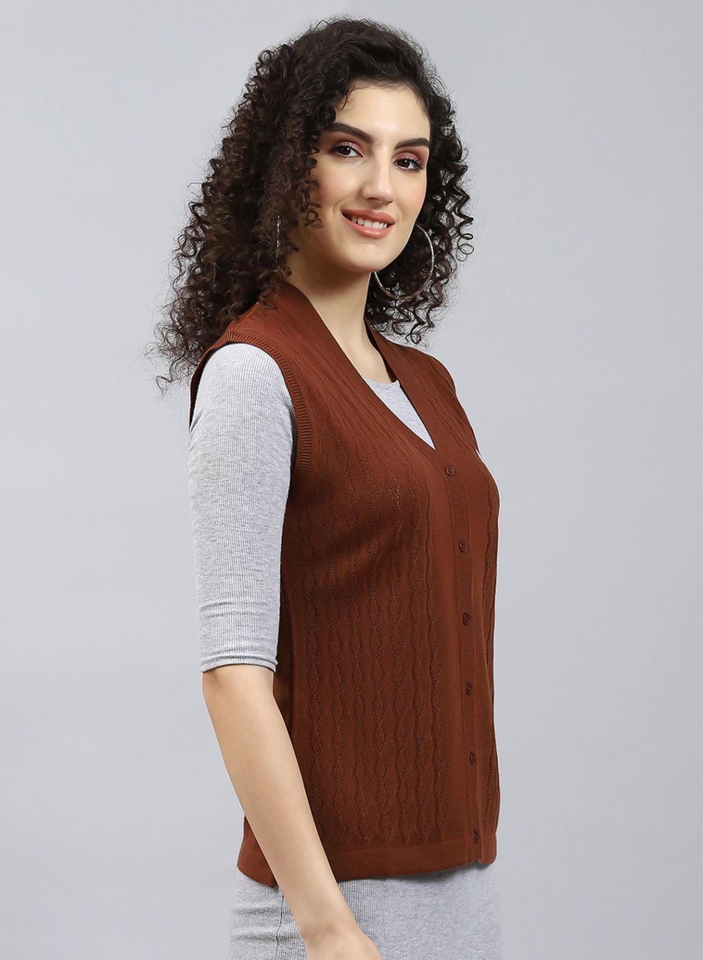 Women Brown Self Design Wool blend Cardigan