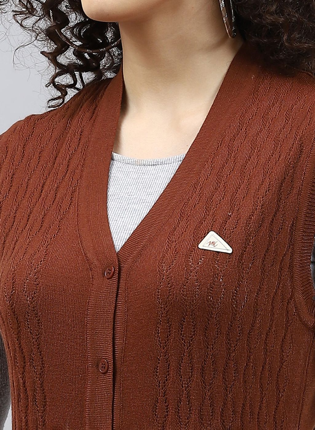 Women Brown Self Design Wool blend Cardigan