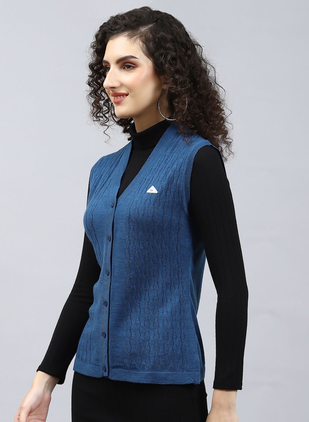 Women Blue Self Design Wool blend Cardigan