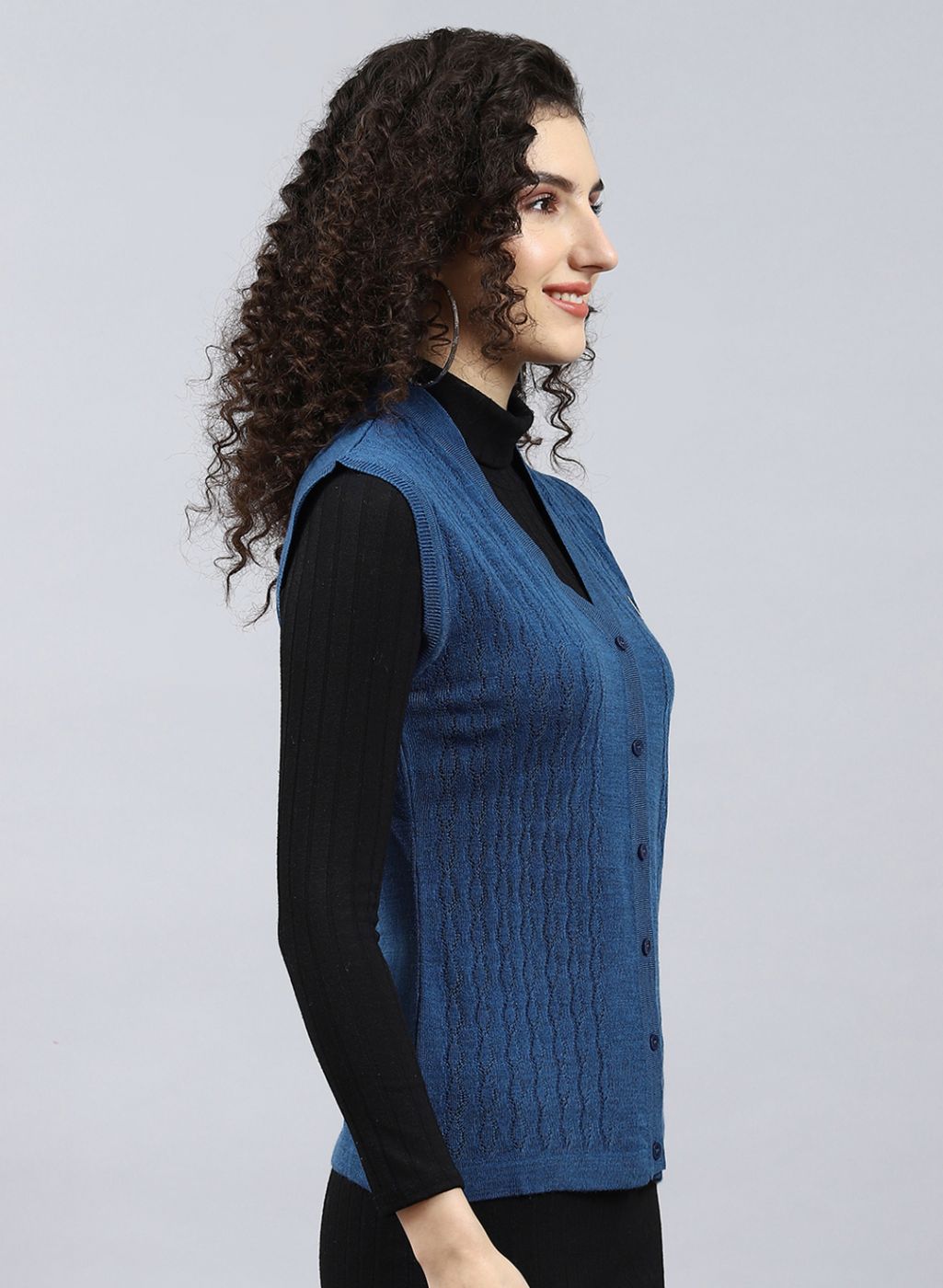 Women Blue Self Design Wool blend Cardigan