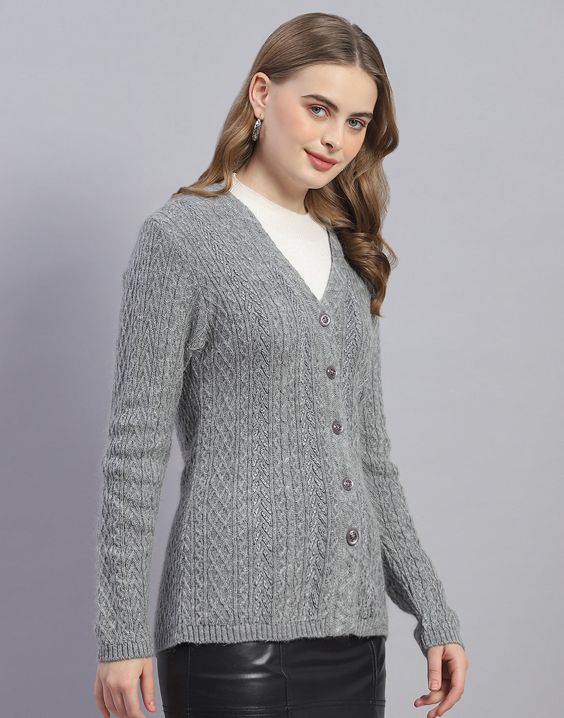 Women Grey Solid V Neck Full Sleeve Cardigan