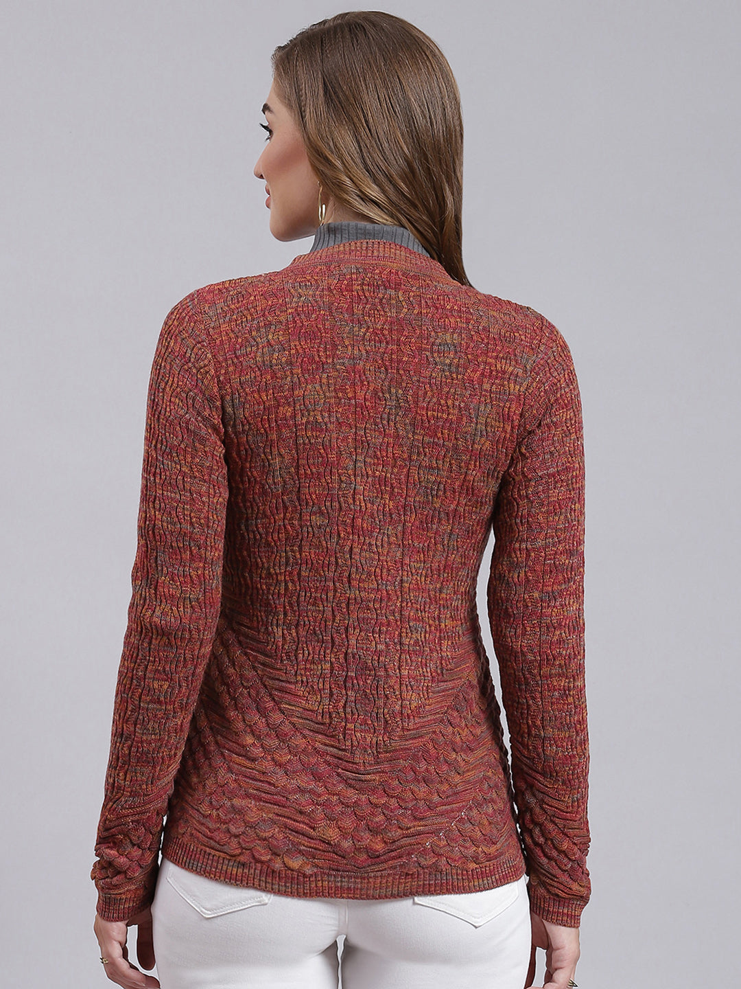 Women Maroon Jaquard Wool blend Cardigan