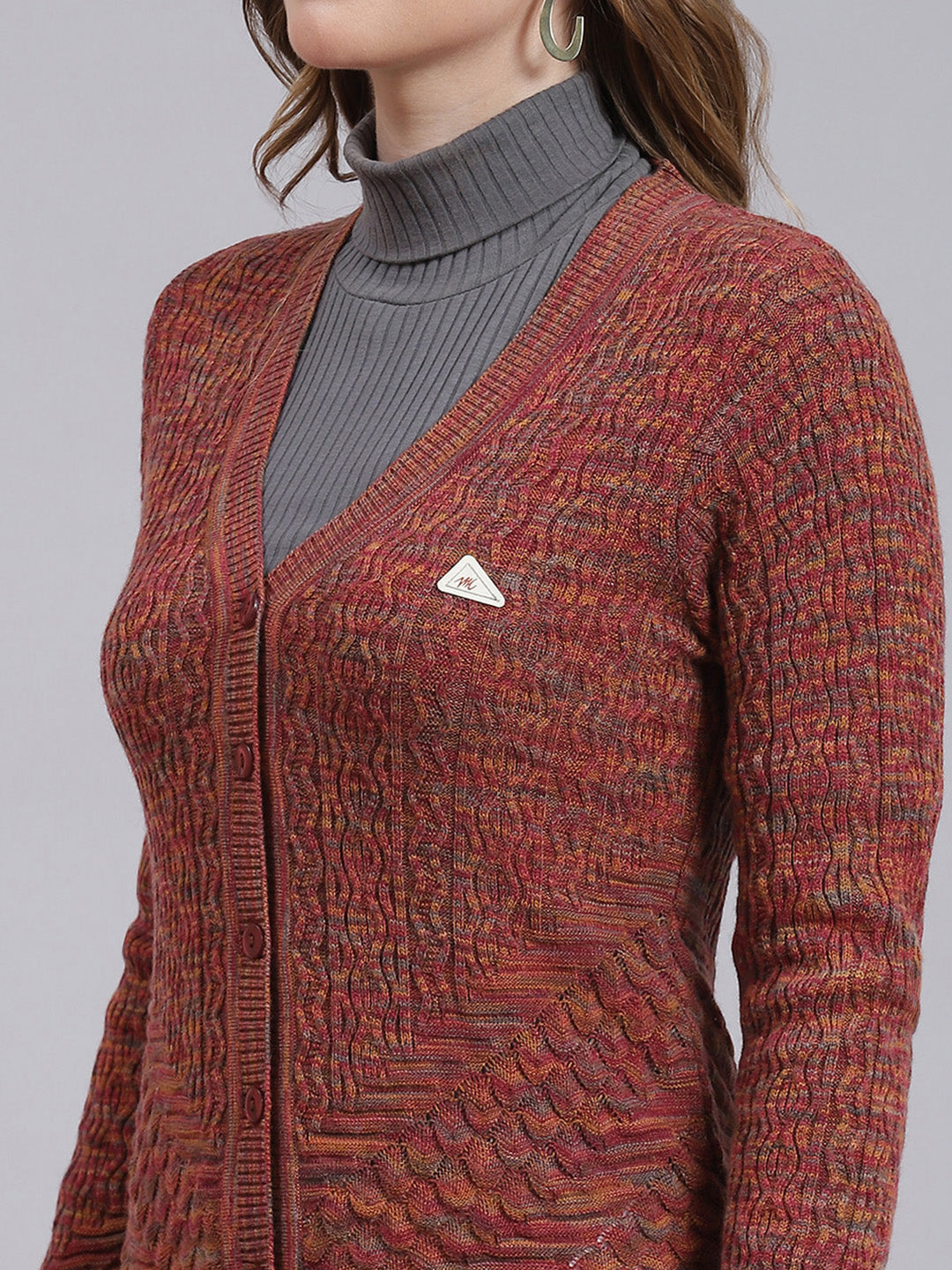 Women Maroon Jaquard Wool blend Cardigan