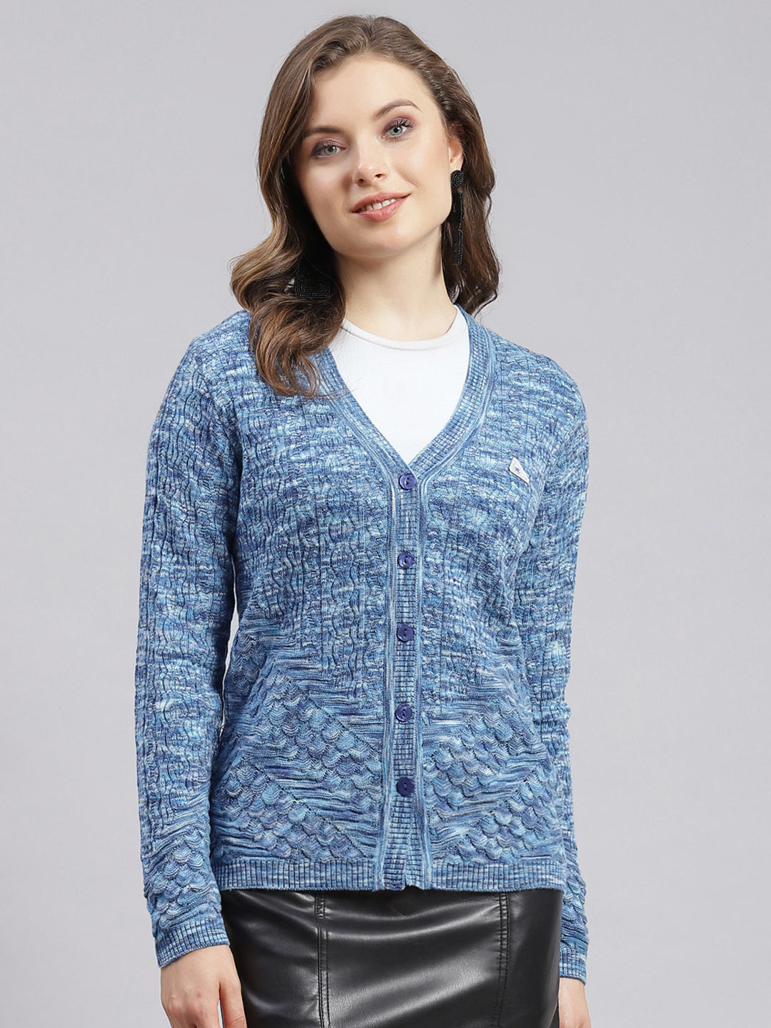 Women Blue Jaquard Wool blend Cardigan