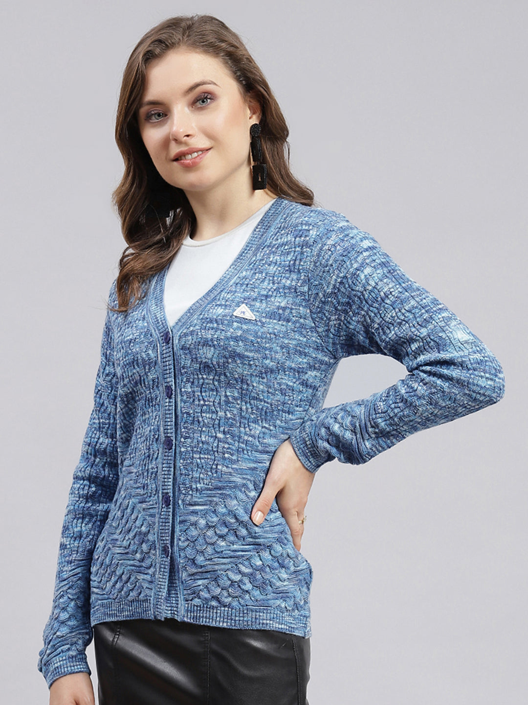 Women Blue Jaquard Wool blend Cardigan