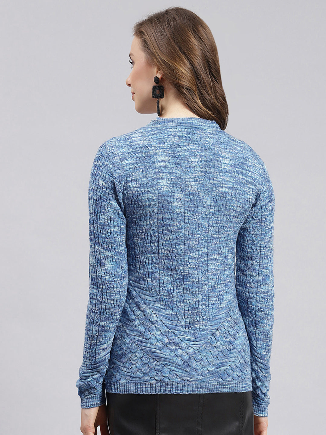 Women Blue Jaquard Wool blend Cardigan