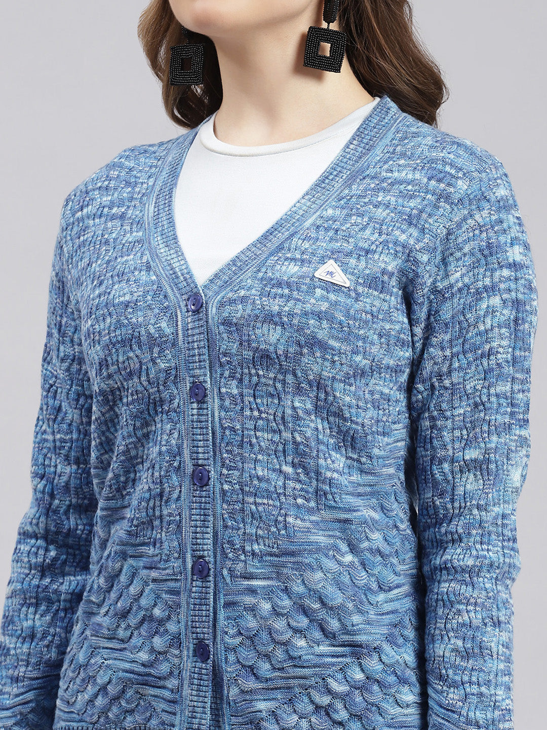 Women Blue Jaquard Wool blend Cardigan