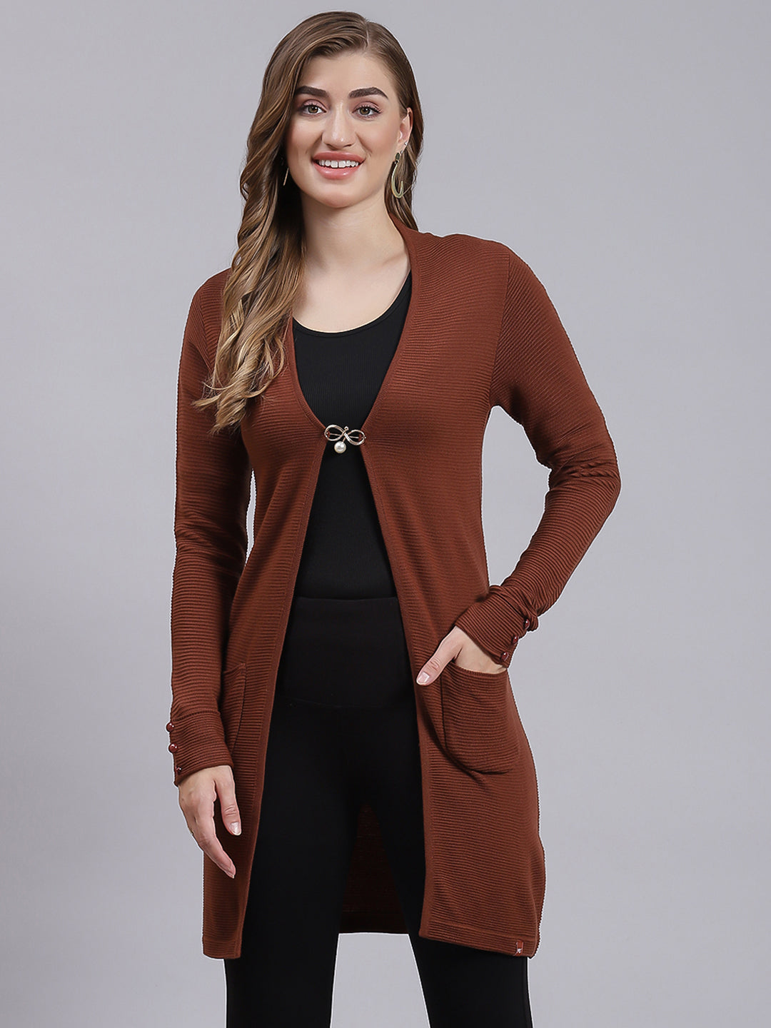 Women Brown Self Design Wool blend Cardigan