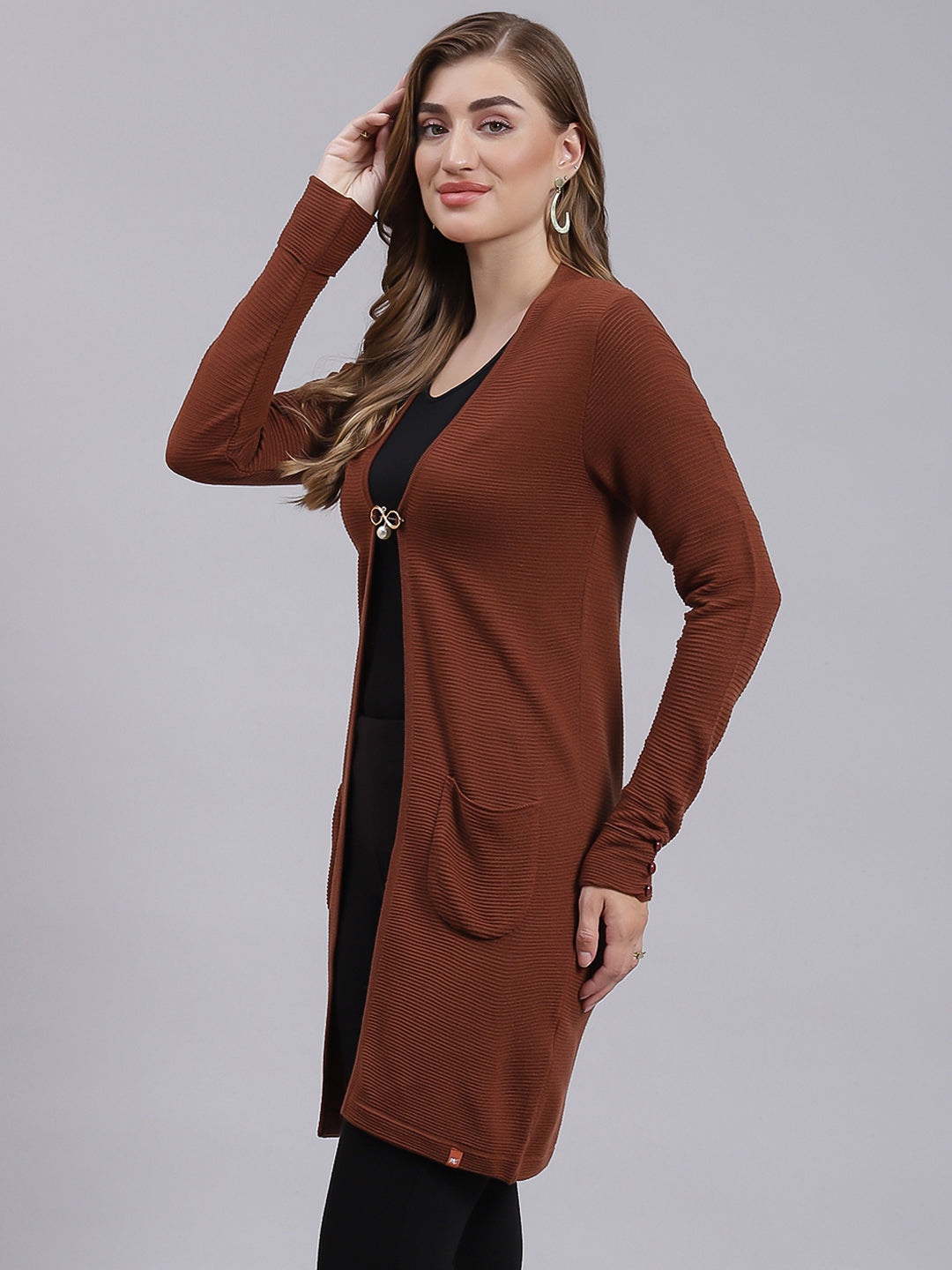 Women Brown Self Design Wool blend Cardigan