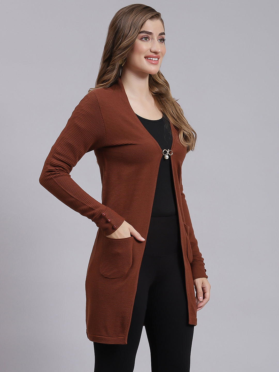 Women Brown Self Design Wool blend Cardigan