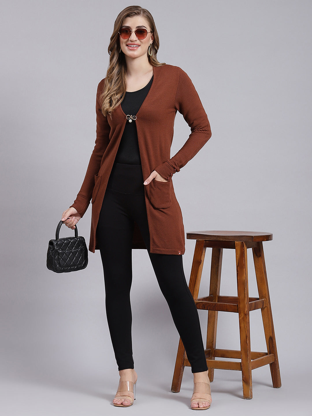 Women Brown Self Design Wool blend Cardigan