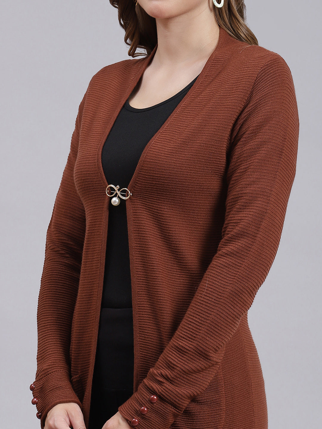 Women Brown Self Design Wool blend Cardigan