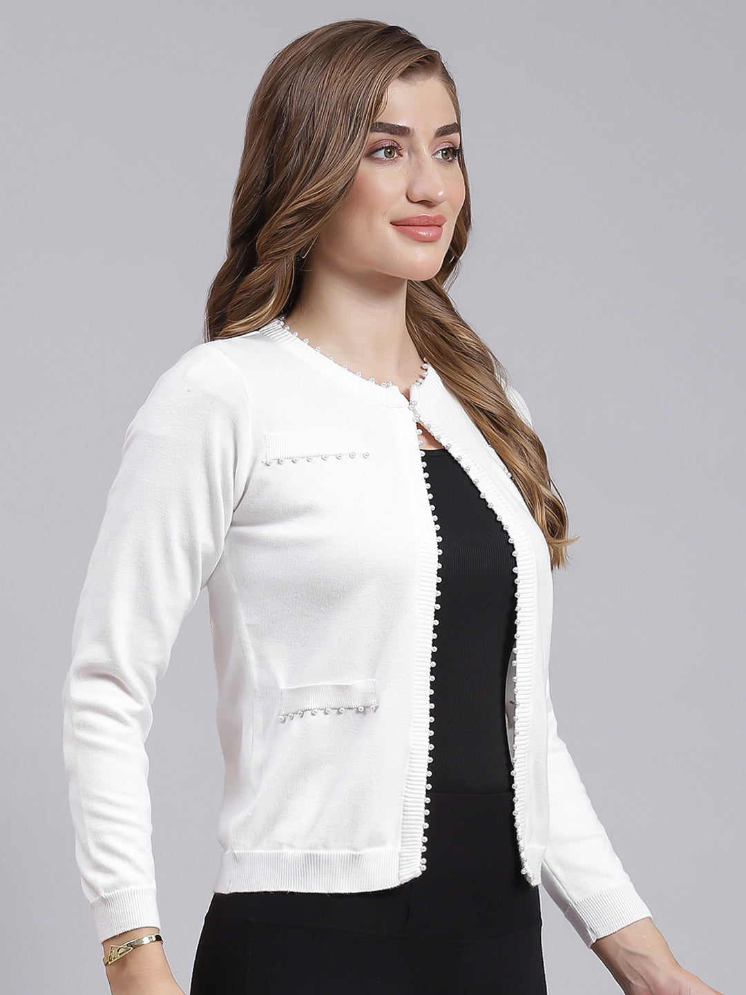 Women White Solid Wool blend Cardigan