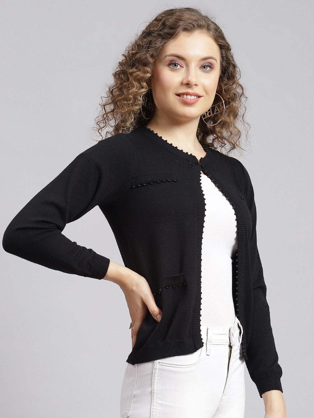 Women Black Solid Wool blend Cardigan