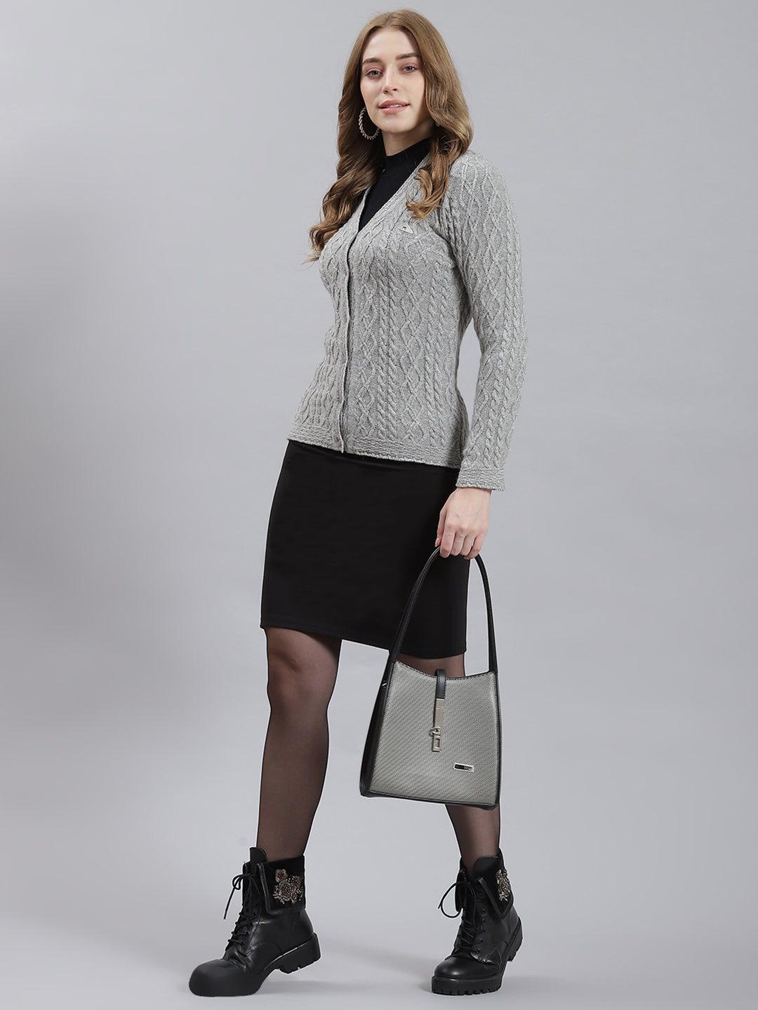 Women Grey Self Cardigan