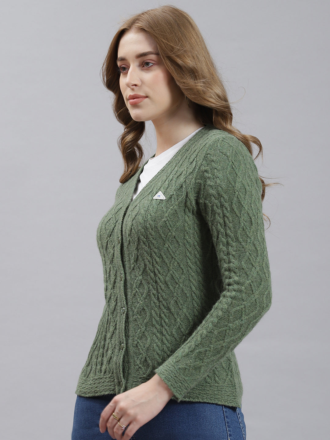 Women Green Self Cardigan