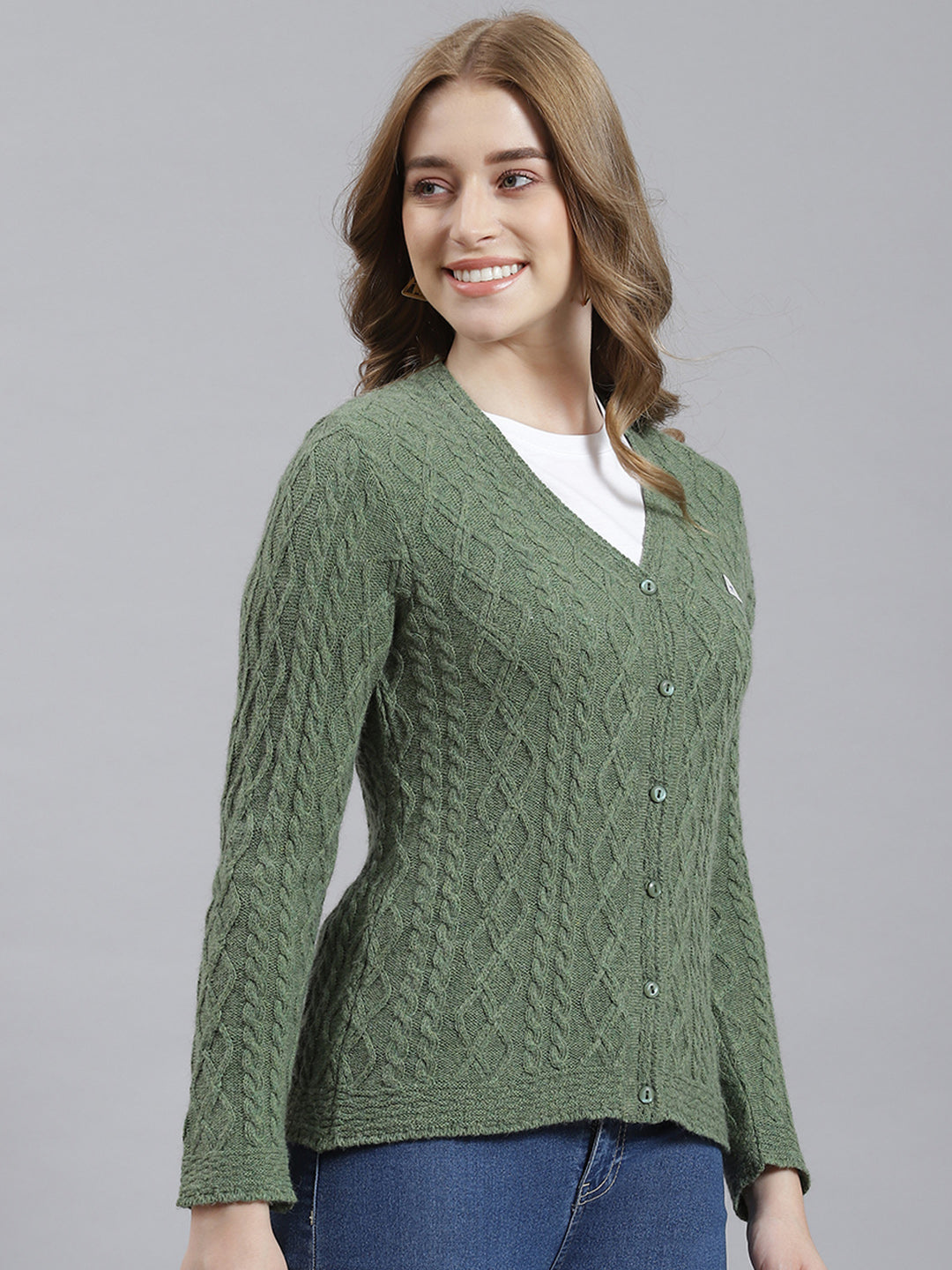 Women Green Self Cardigan