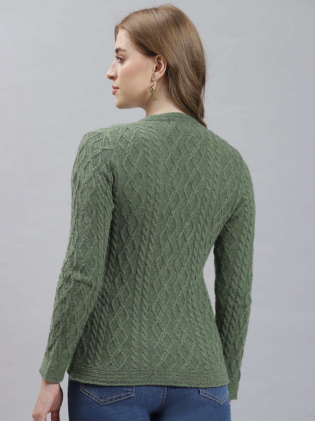 Women Green Self Cardigan