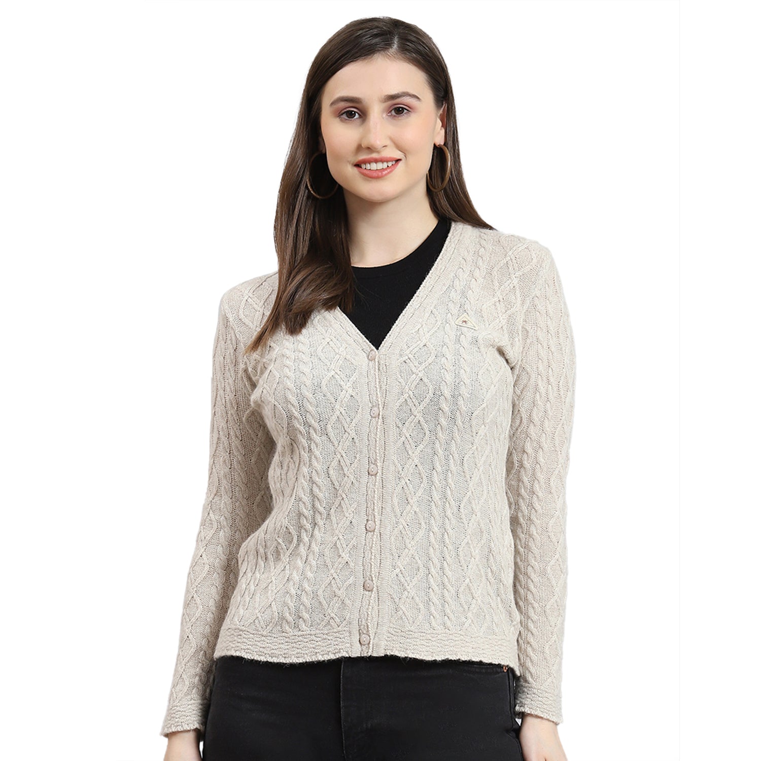 Women Cream Self Design V Neck Full Sleeve Cardigan