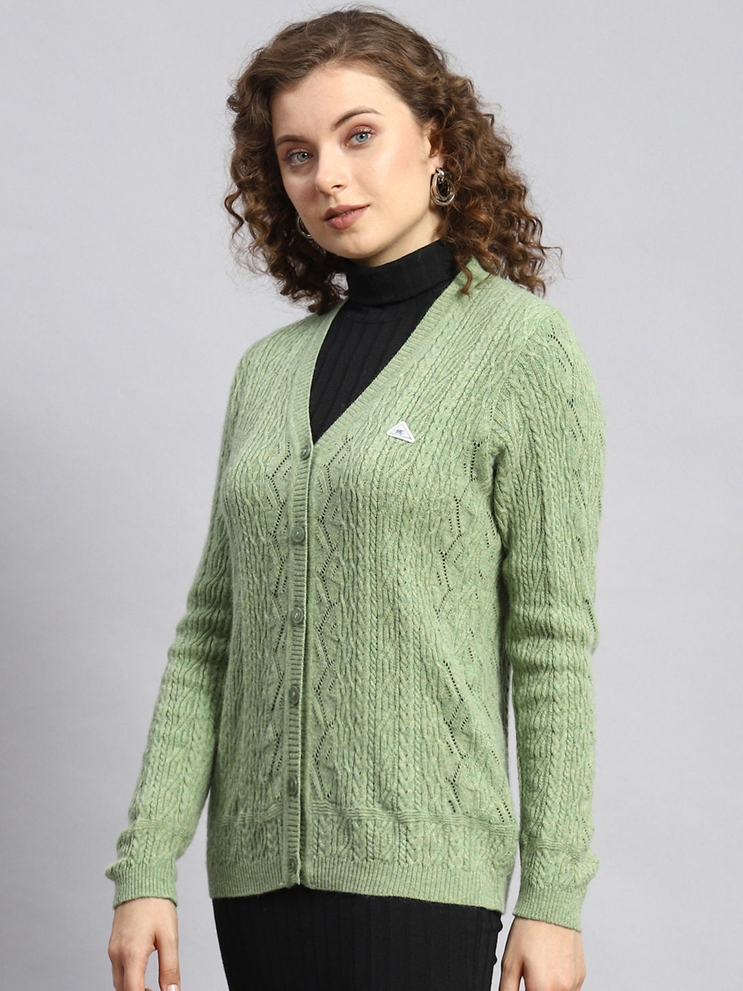 Women Green Self Cardigan