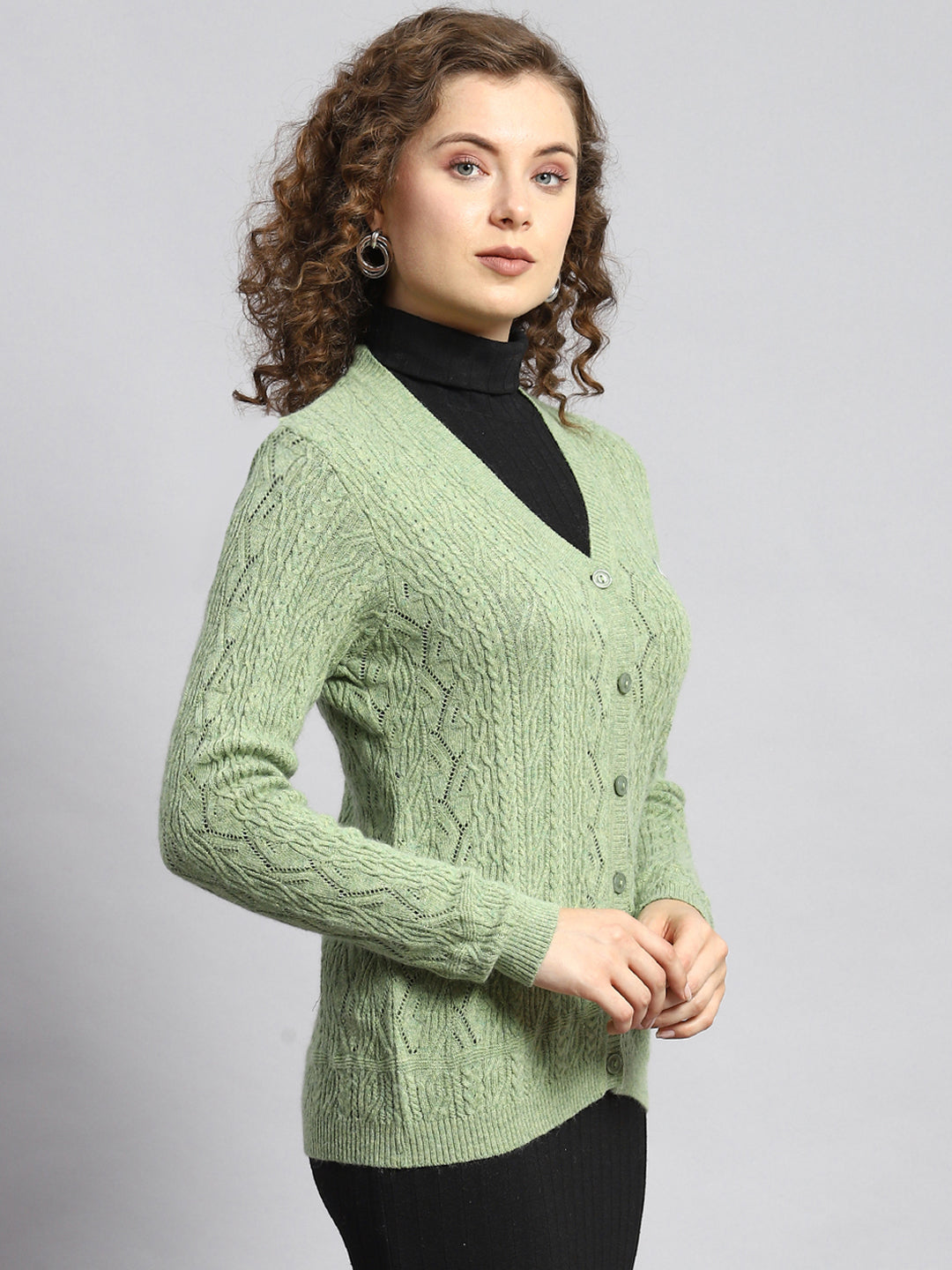 Women Green Self Cardigan