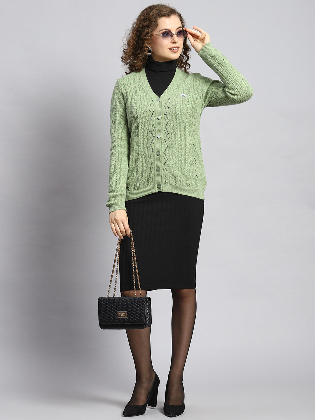 Women Green Self Cardigan