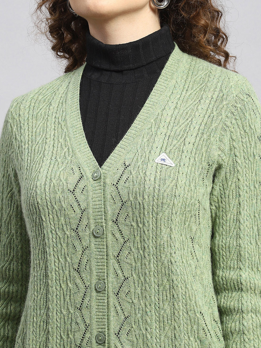 Women Green Self Cardigan