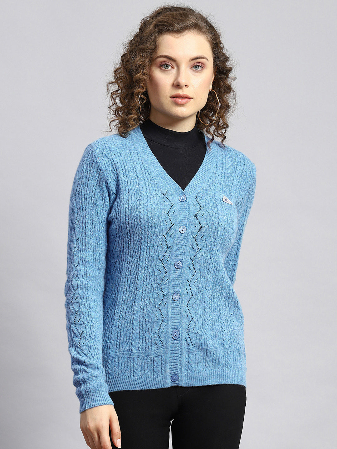 Women Blue Self Cardigan