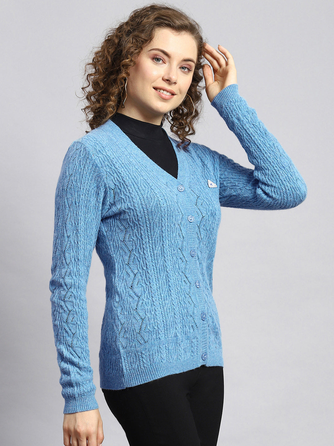 Women Blue Self Cardigan