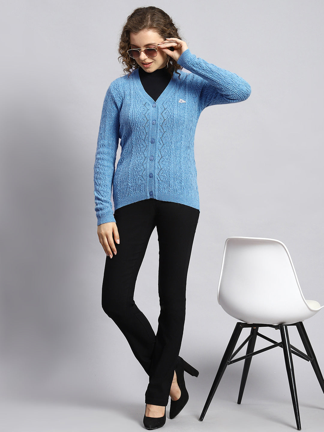 Women Blue Self Cardigan