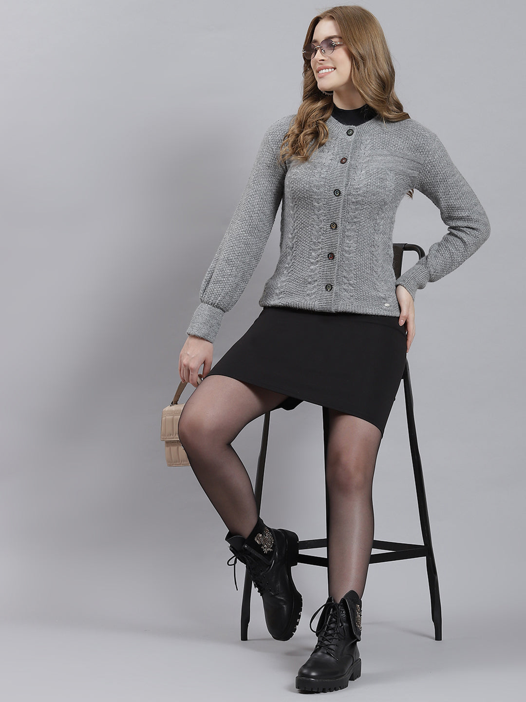 Women Grey Self Cardigan