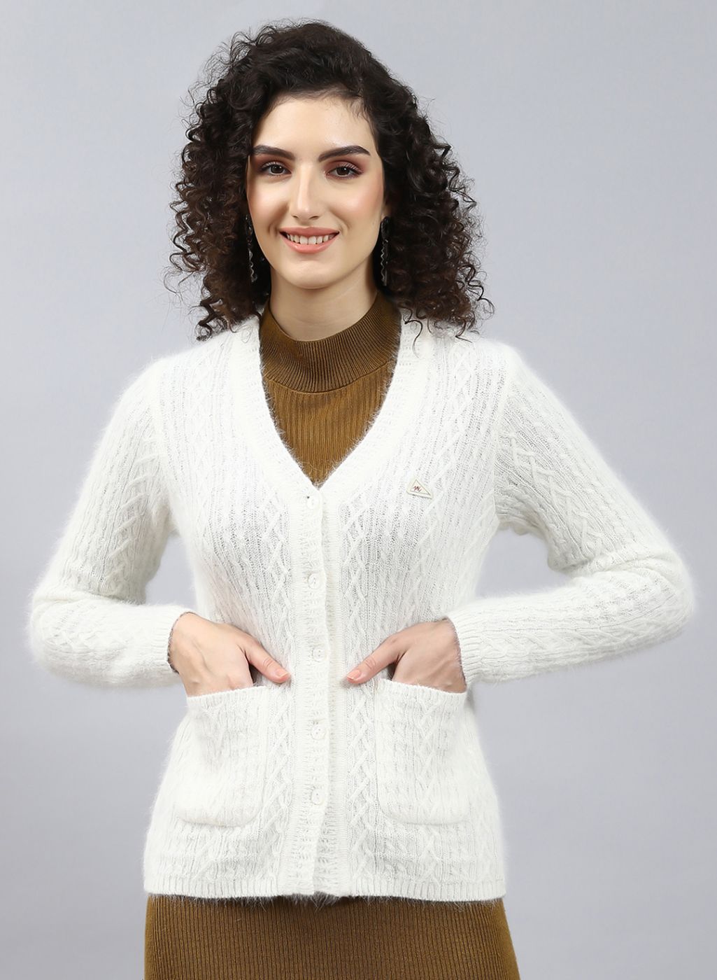 Women Off White Self Design Wool blend Cardigan