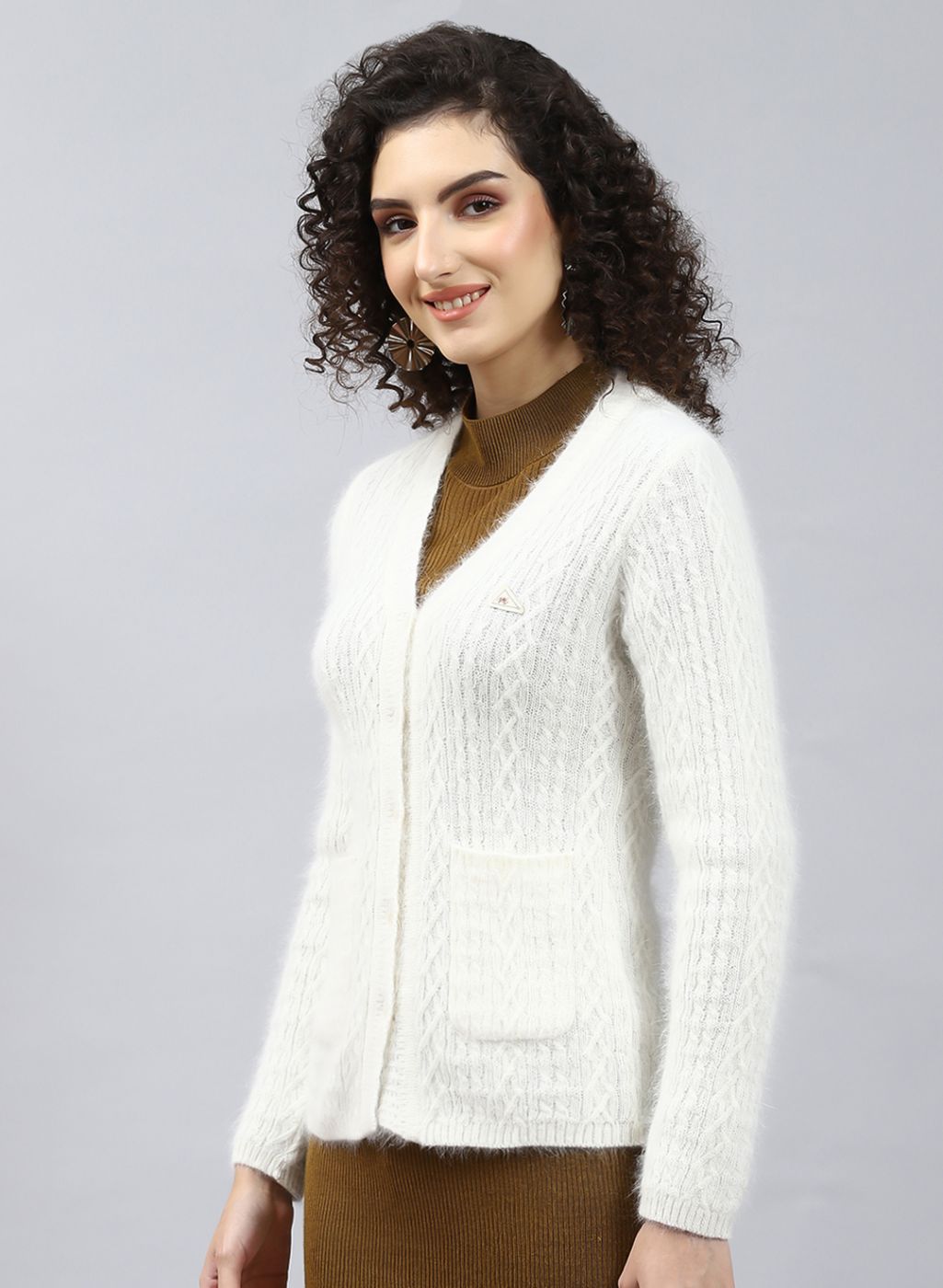 Women Off White Self Design Wool blend Cardigan