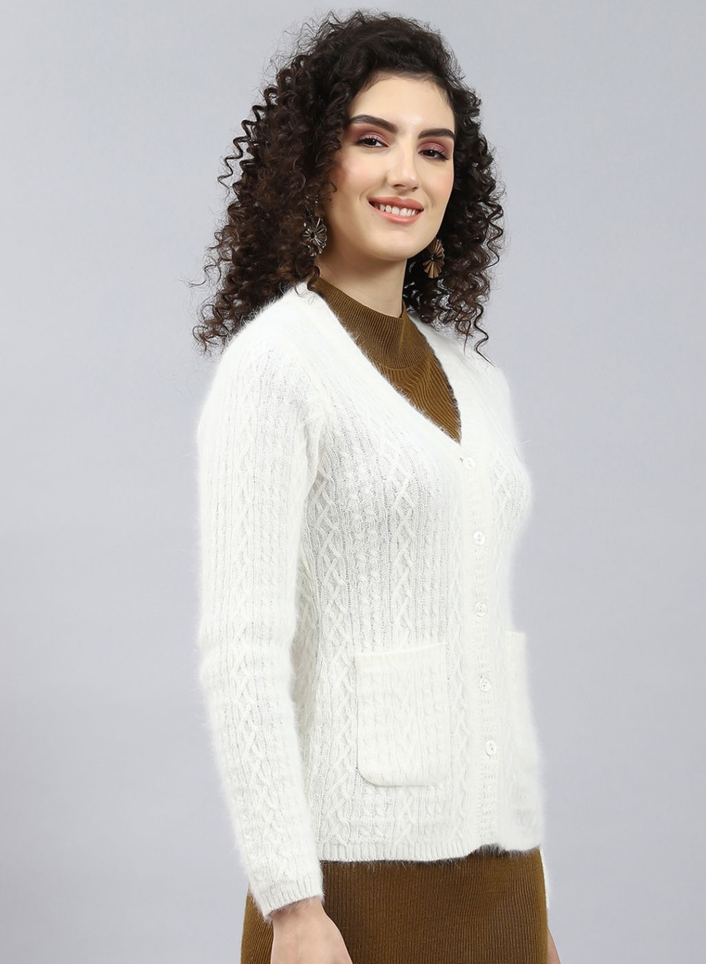 Women Off White Self Design Wool blend Cardigan