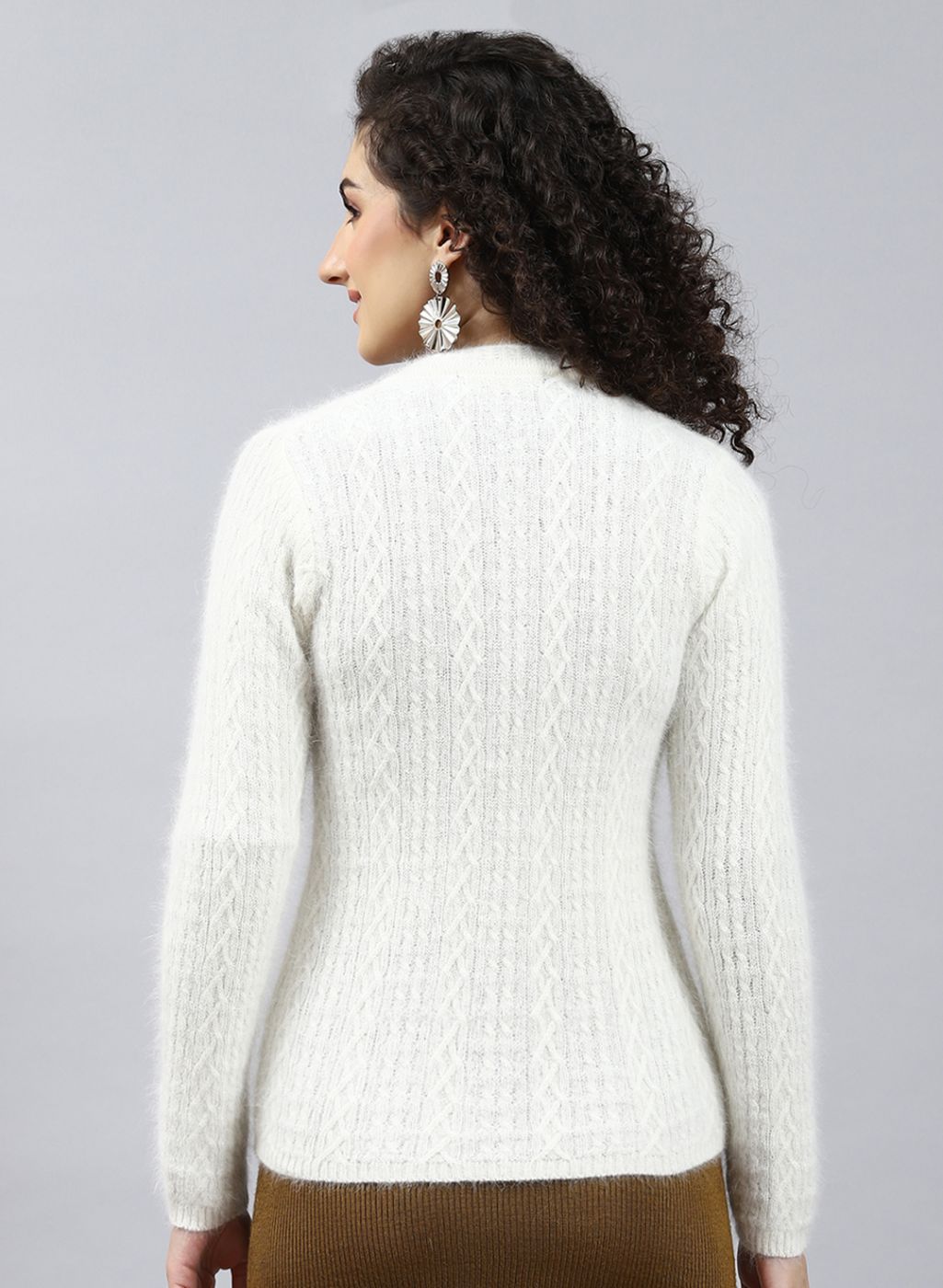 Women Off White Self Design Wool blend Cardigan