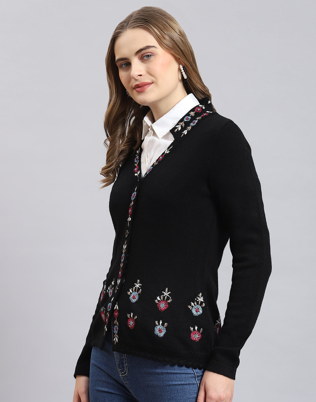 Women Black Embroidered V Neck Full Sleeve Cardigan