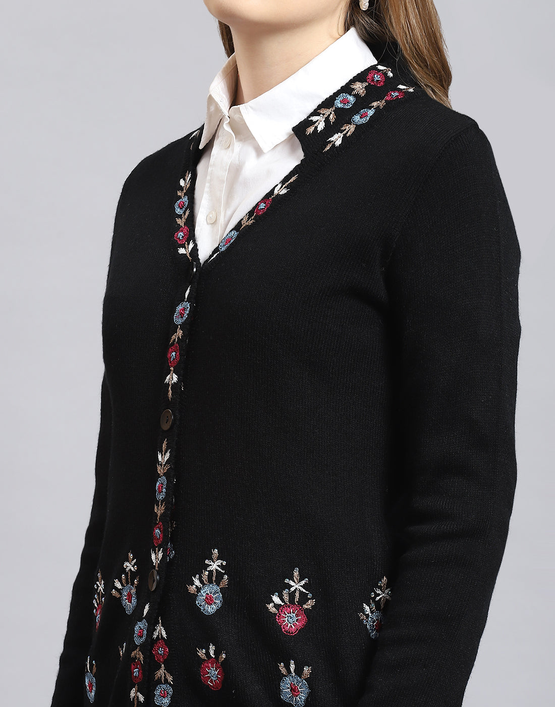 Women Black Embroidered V Neck Full Sleeve Cardigan