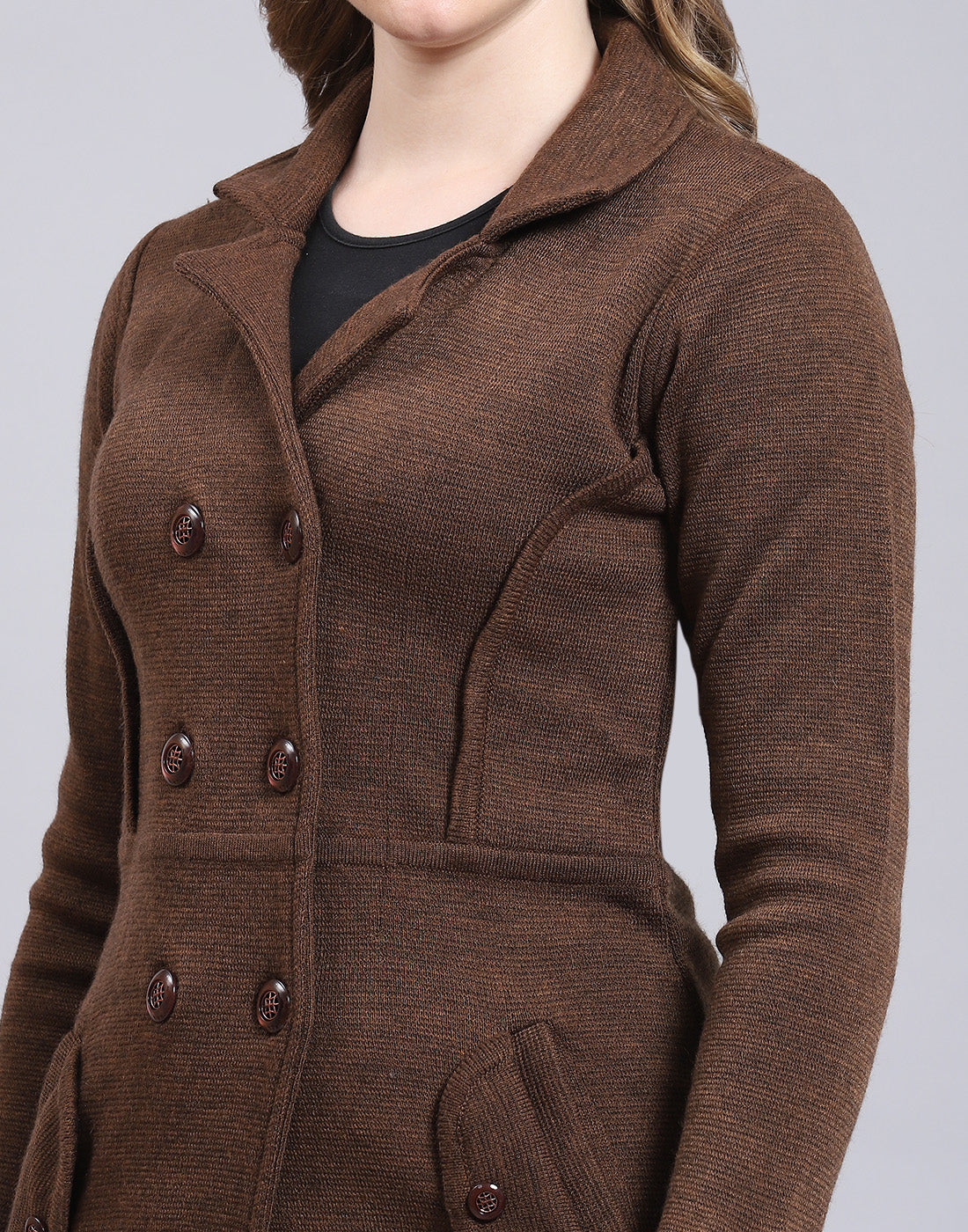 Women Brown Solid Lapel Collar Full Sleeve Cardigan