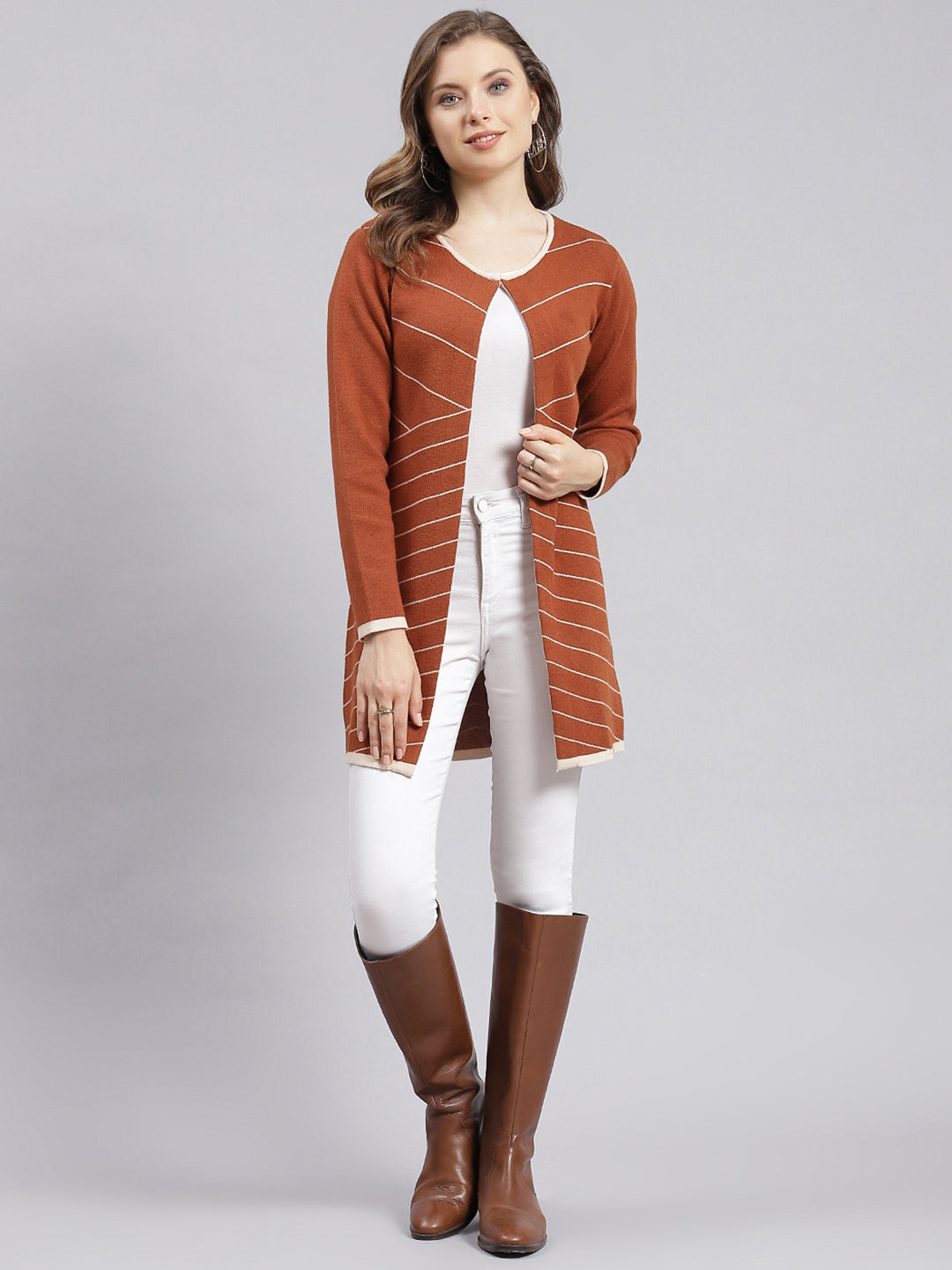 Women Beige Stripe Wool blend Cardigan