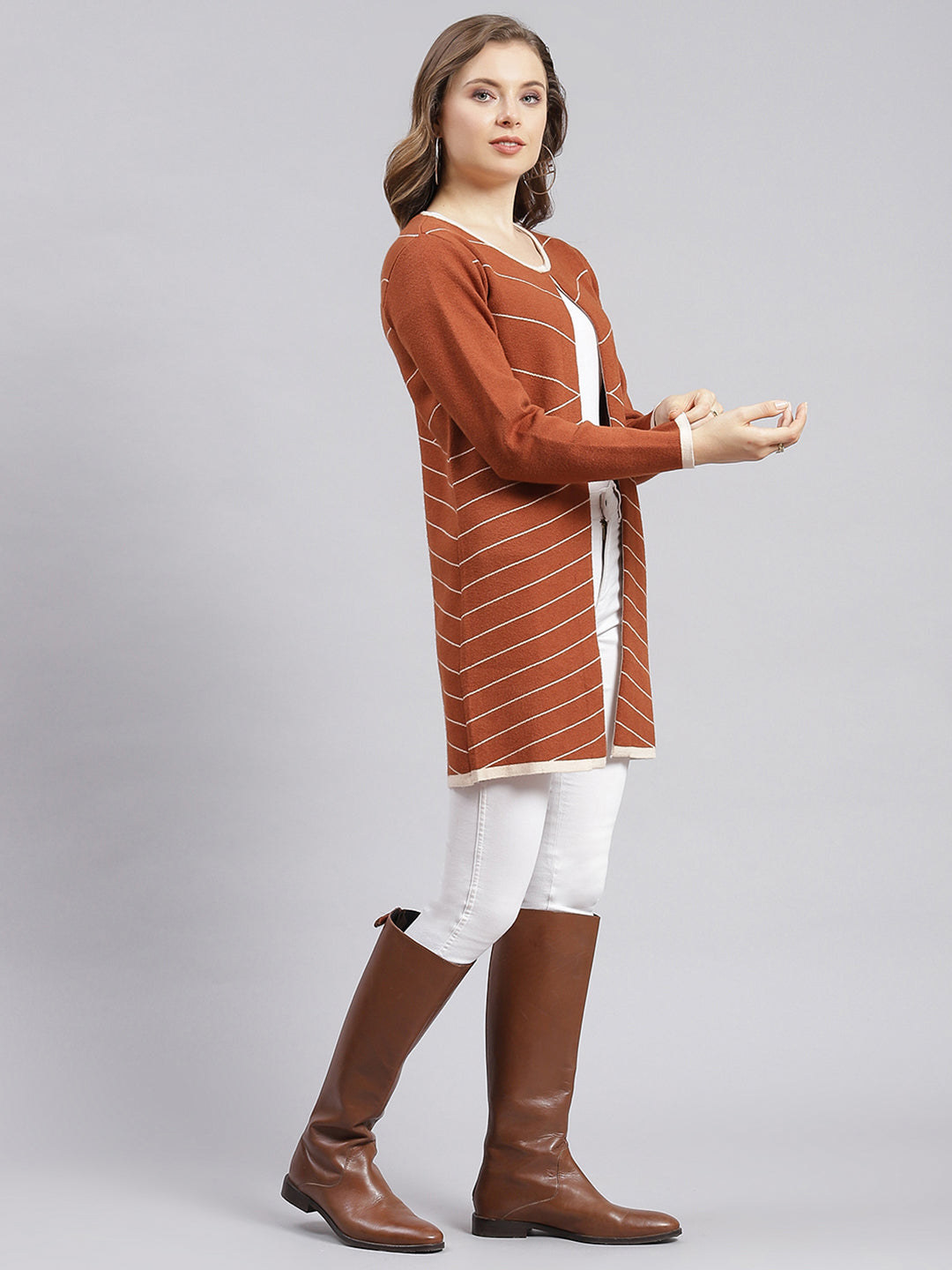 Women Beige Stripe Wool blend Cardigan