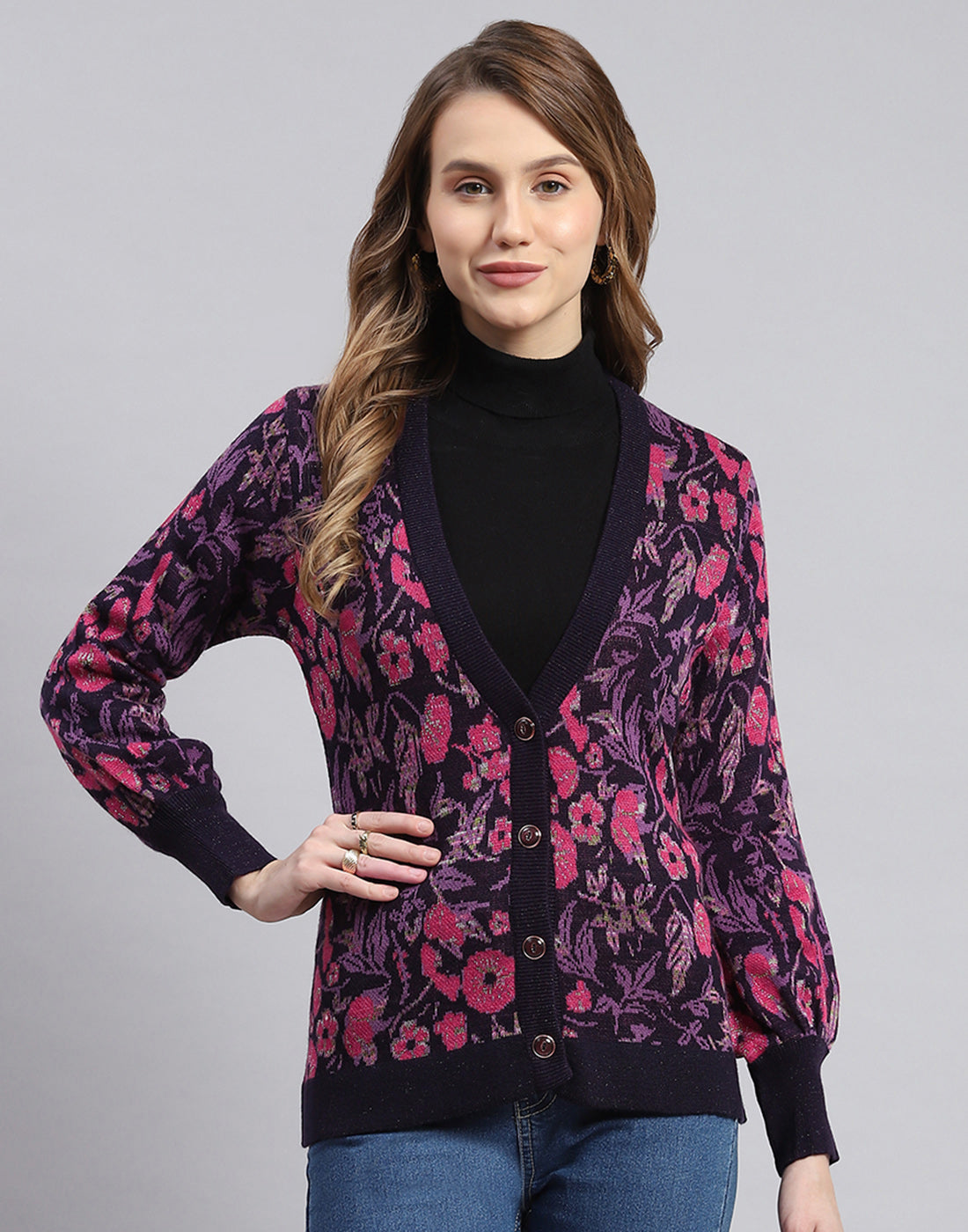 Women Purple Self Design V Neck Full Sleeve Cardigans