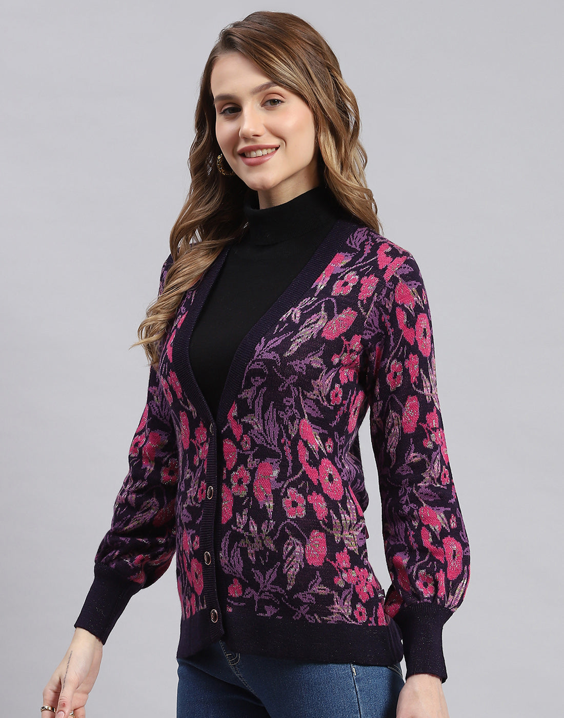 Women Purple Self Design V Neck Full Sleeve Cardigans