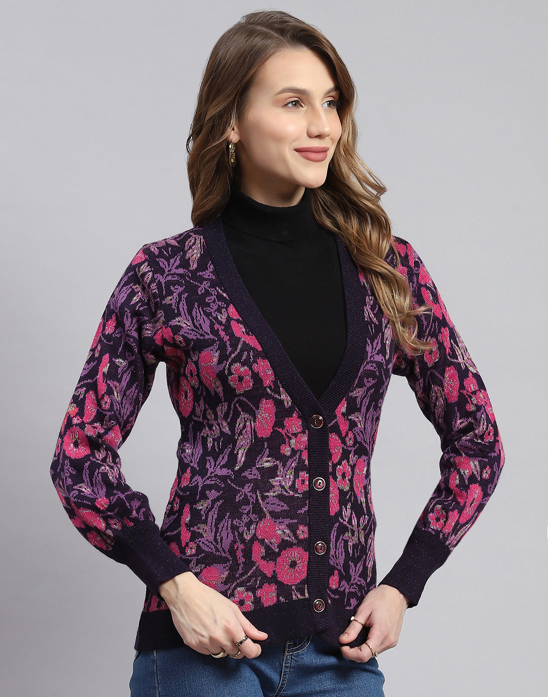 Women Purple Self Design V Neck Full Sleeve Cardigans