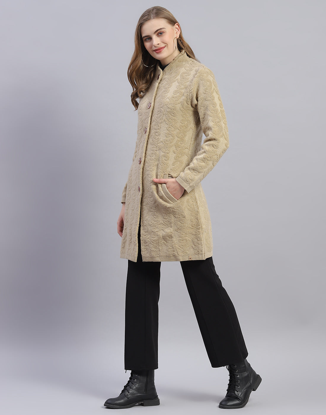 Women Camel Brown Printed Round Neck Full Sleeve Coat