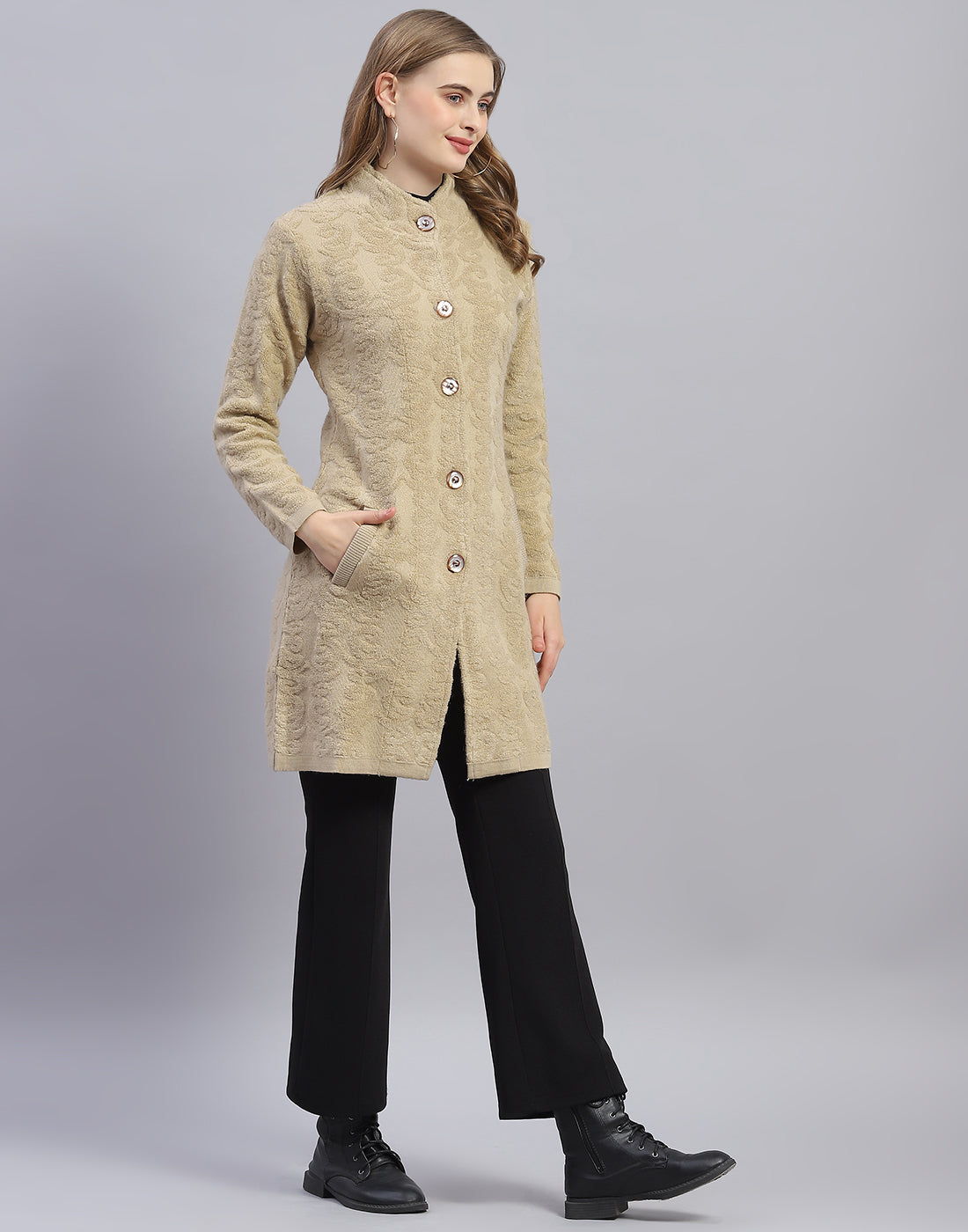 Women Camel Brown Printed Round Neck Full Sleeve Coat