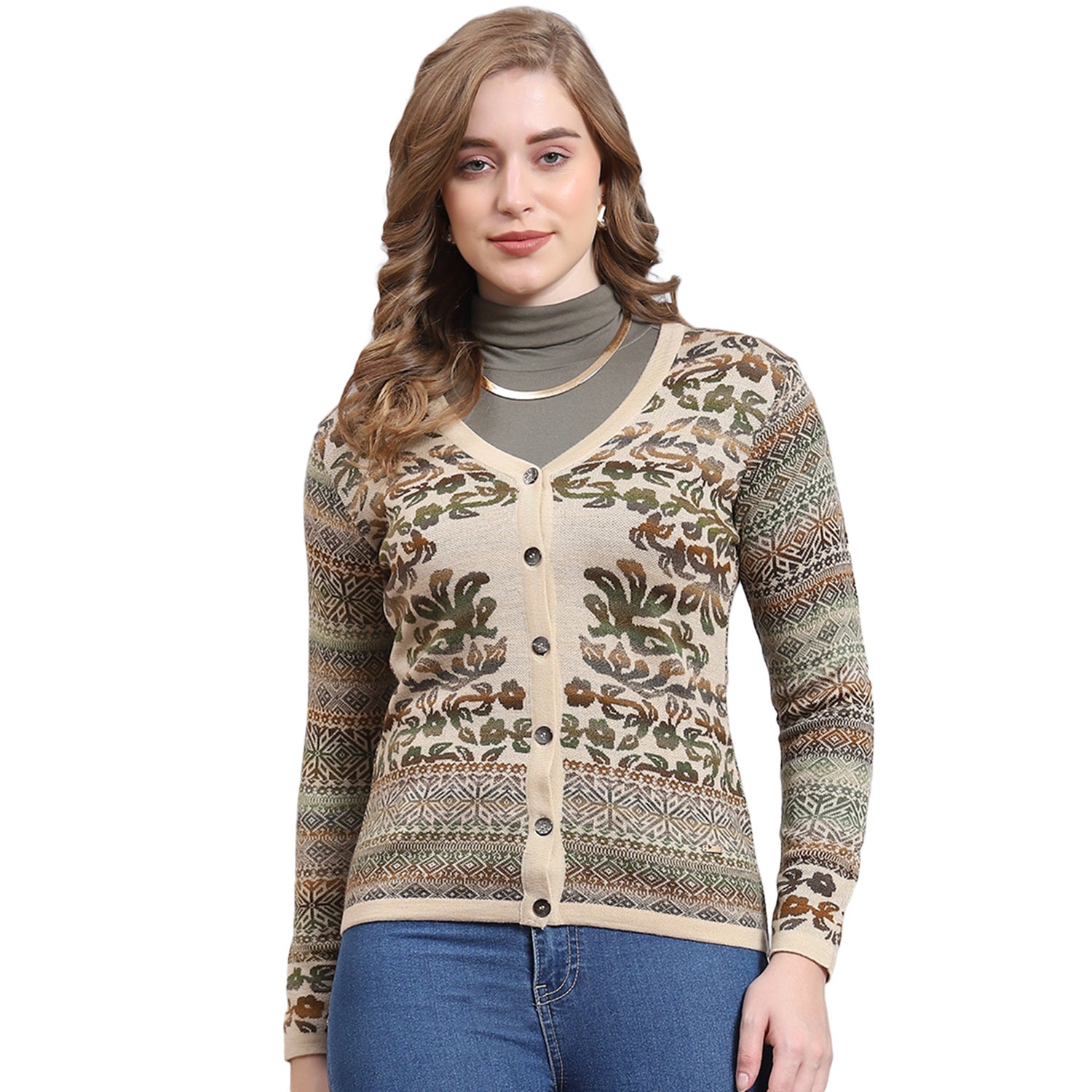 Women Beige Self Design V Neck Full Sleeve Cardigan