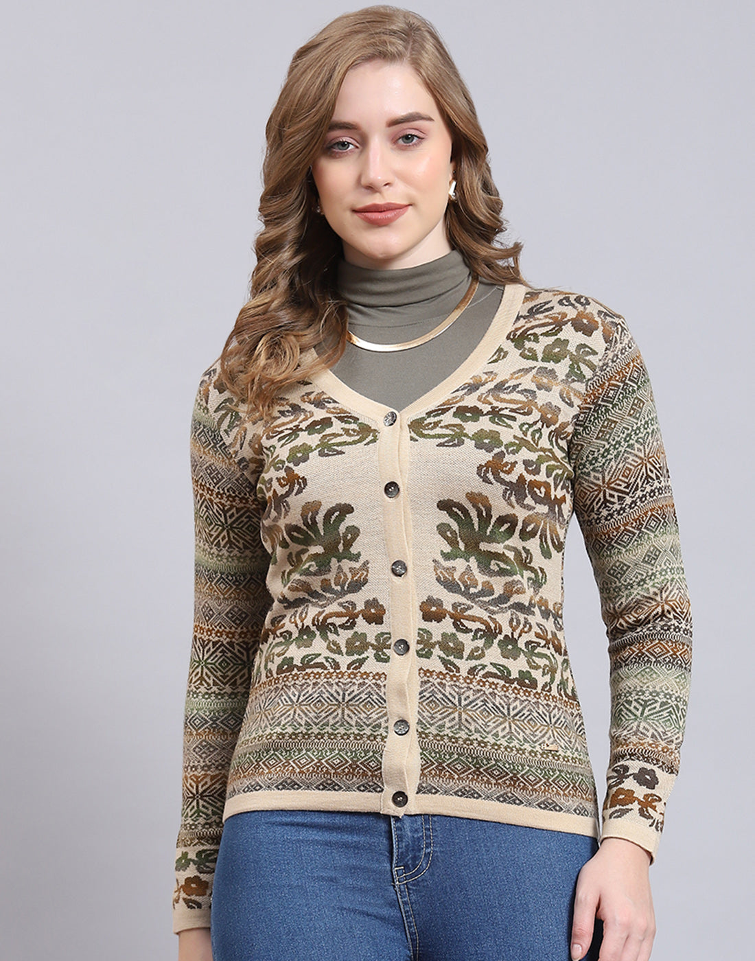 Women Beige Self Design V Neck Full Sleeve Cardigan