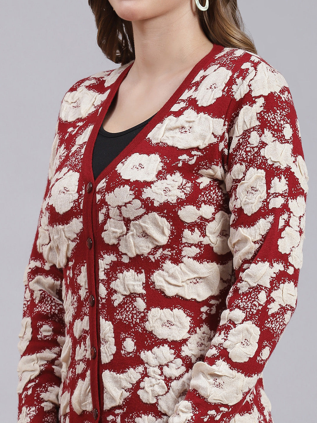 Women Maroon Jaquard Wool blend Cardigan