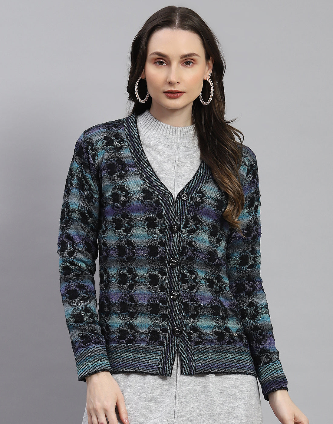 Women Blue Self Design V Neck Full Sleeve Cardigan